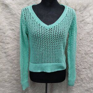 Aeropostale Women's Mint Green Cotton Solid Open-Knit V-neck Blouse Size M